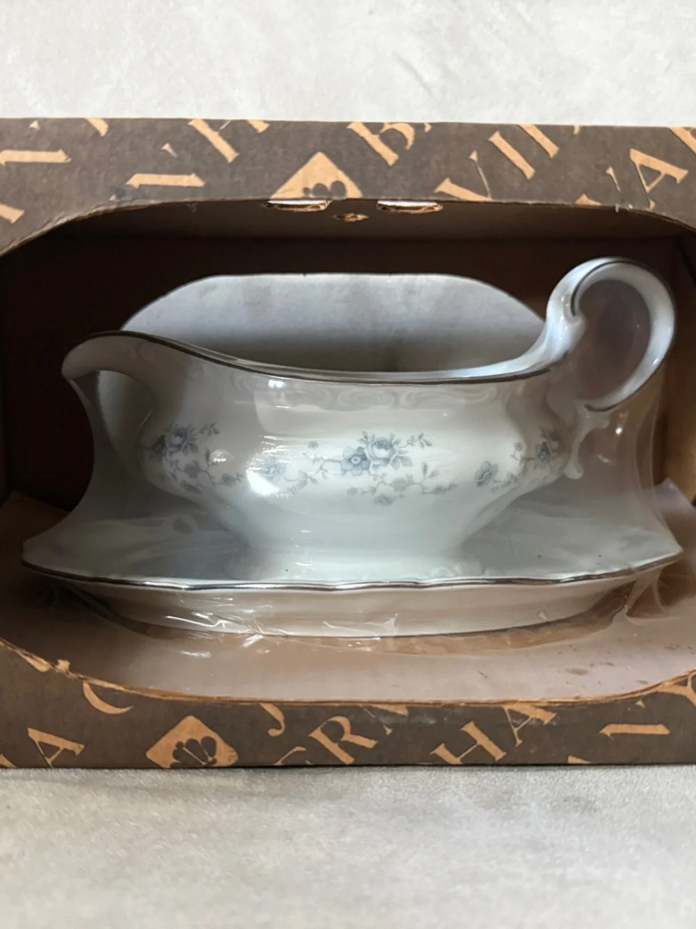 Vintage Haviland White Porcelain Gravy Boat with Blue Floral Trim